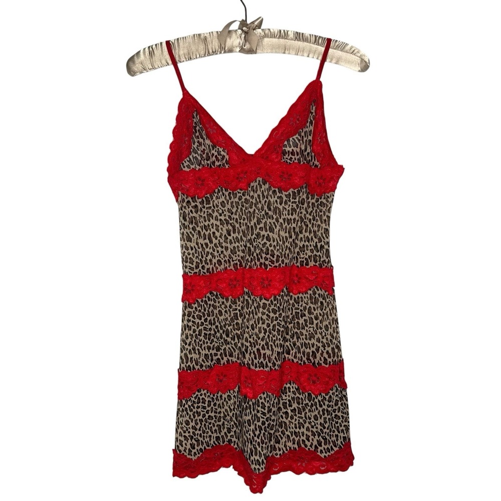 Vintage Y2K 90s Red Lace Slip Dress M Leopard Animal Print Whimsigoth Semi Sheer